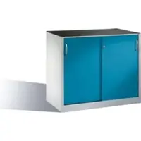 C+P Schiebetüren-Werkzeugschrank Acurado, B 1200 x T 600 x H 1000 mm, je Fachboden 70 kg, Stahl, lichtgrau/lichtblau