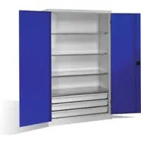 C+P Schwerlastschrank mit Drehtüren, 4 Böden und 3 Schübe, H1950xB1200xT500mm Front Enzianblau Korpus Lichtgrau