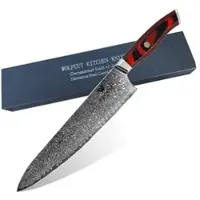 WOLFCUT - Damaskus Chefmesser mit rotem Griff 25 cm Klinge 67-lagiger Damaszenerstahl mit Geschenkbox