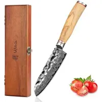 Zayiko Minami Damast kl. Santokumesser I 12 cm Klinge Olivenholzgriff I Holzbox