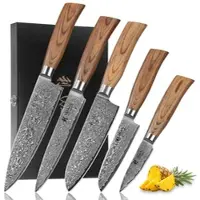 Wakoli Edib Pro 5er Damastmesser-Set I Holzbox I 8-20cm Klinge I Pakkaholzgriffe