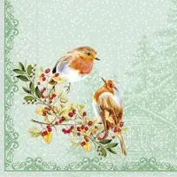 Mank Serviette Tissue Pippa in Grün, 40 x 40 cm, 100 Stück - Winter Ilex Zweige V√∂gel