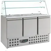 Chefgastro Gekühlte Saladette TOAD mit Glasaufsatz | 3x 1/1 GN + 4x 1/6 GN | 368 Liter, HxBxT 85/131x136,5x70cm | +2/+8°C | Edelstahl | + Geschirrtuch