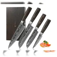 Wakoli EDIB Essentials 4er Damastmesser-Set - 20cm, 18cm, 12cm & 10cm Klingen aus 67 Lagen Damaststahl, Chef-, Santoku-, Kleines Santoku- und Officeme