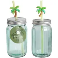 Wellhome - Glasbecher mit Deckel und Strohhalm, 450ml in Transparent Grün, 7,8x7,8xH13cm