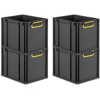 Proregal SuperSparSet 4x Eurobox NextGen Color, HxBxT 32x30x40cm, 30 Liter, Griffe gelb zu, Schwarz, Eurobehälter, Transportbehälter