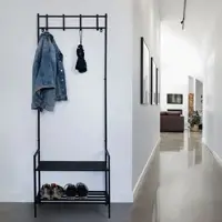 ETC Garderobe mit Schuhschrank schwarz Jackenständer Metall Dogstation Garderobe Leinenparkplatz Hund, 4x Kleiderhaken, Ablage MDF, freistehend, H 168,5 cm