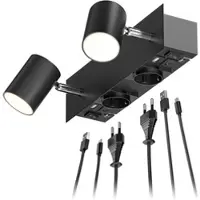 Ledscom.de Wandleuchte WAIKA, 2-flammig, Schalter, schwarz, 2 Steckdosen, USB-C, USB-A, 2x GU10 max. 15W