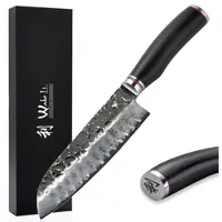 Wakoli EBO Damast Santokumesser I 18 cm Klinge mit Hammerschlag I schwarzer Eichenholzgriff
