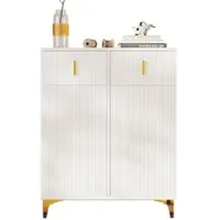 OKWISH Elegantes Sideboard Weiß 83x101x35 cm, mit Push-to-open Türen, verstellbaren Einlegeböden, gedämpften Scharnieren, vergoldeten Griffen und Beinen
