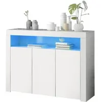 MODFU Sideboard 130x35x95 cm Hochglanz Weiß mit LED-Beleuchtung, 3 Türen, 2 offene Fächer, Regal innen verstellbar, modernes Design