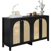 OKWISH Sideboard Schwarz 80x145x40 cm mit 4 Kunst-Rattantüren, Metallgriffen, verstellbaren Einlegeböden und stabilem Mittelstützbein für Wohnbereich