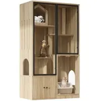 OKWISH Katzenhaus 90x50x160 cm mit Panoramatür, Kratzpfosten, Katzenbaum, Rückzugsort, Regale, MDF Naturholzfarbe