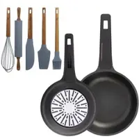 Bergner - Pfannen Ø20/24cm aus Gusseisen geeignet für Induktion mit Set aus 5 Küchenutensilien aus Silikon und Akazienholz