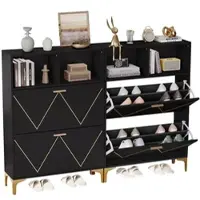 MODFU Schuhschrank 80x25x117 cm Schwarz mit 4 Klapptüren 8 Fächern und offenen Ablagen, MDF Korpus, Metallbeine mit Anti Kipp Set