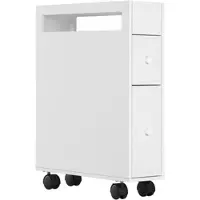 MODFU Badezimmerschrank Nischenschrank auf Rollen Weiß 16x50x66 cm mit 2 Schubladen und offenem Fach, kompakter Badrollwagen aus MDF