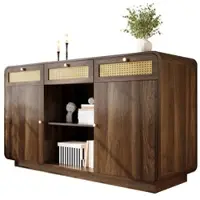 OKWISH Sideboard Kommode Nussbaum 120x40x85 cm mit 3 Schubladen 2 Schrankfächern offenem Regal Rattanfronten goldfarbenen Griffen höhenverstellbar