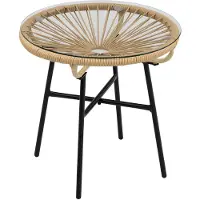 MODFU Outdoor-Beistelltisch aus PE-Rattan Beige mit Glasplatte, Metallgestell, 50x50x50 cm, pflegeleicht