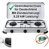 BlueCraft Camping-Gas-Kocher Mobi 3-flammig, weiss mit Zündsicherung, Gasschlauch und Gas...