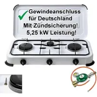 BlueCraft Camping-Gas-Kocher Mobi 3-flammig, weiss mit Zündsicherung, Gasschlauch und Ma...