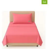 Benetton - 3-teiliges Einzelbett-Set: Bettlaken (160x280cm), Spannbettlaken (90x200cm), 1 Kissenbezug (50x85cm), 100 % rosa Baumwolle