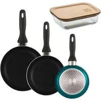 Bergner - Set aus 3 Pfannen Ø16/20/24cm aus gepresstem Aluminium in metallic-blau mit Vorratsglas 650 ml aus Borosilikatglas NATURALLY