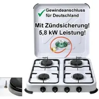 BlueCraft Camping-Gas-Kocher Mobi 4-flammig, weiss mit Zündsicherung, Gasschlauch und Gas...