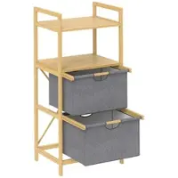 STILVORA Wäschekorb Bambus Wäscheregal Naturholz 44x34x96 cm mit 2 Stoffkörben 2 Ablagen, Wäschesammler 35 L, herausziehbar und pflegeleicht