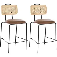 Beliani Barstuhl 2er Set Braun Kunstleder Sitz Schwarze Metallbeine Wiener Geflecht Ohne Armlehnen Retro Modernes Design Barhocker Tresenhocker