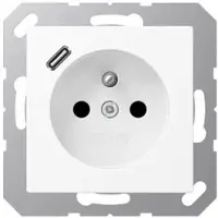 JUNG A1520F-18CWWM Steckdose, französisch/belgisches System, 16 A 250 V ~, mit USB-Ladegerät, 1 x Typ C, Safety Plus, Serie A, schneeweiß matt