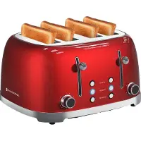 Kitchenbrothers Retro Toaster - 4 Scheiben - 6 Bräunungsstufen - 4 Extra Breite Schlitze - 1630W - Aufwärm- und Auftaufunktion - Rot