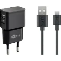 Goobay Micro USB Dual Ladeset 2,4 A, Netzteil mit 2x USB-Buchse und Micro USB Kabel 1m (Schwarz)