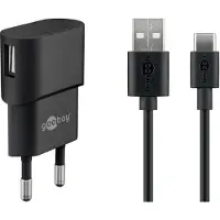 Goobay USB-C Ladeset 1 A, Netzteil mit Type-C Kabel 1m (Schwarz)