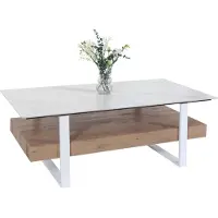 Mendler Couchtisch MCW-L88, Wohnzimmertisch Tisch, Ablage Eisen 43x120x60cm Sinterstein Marmor-Optik weiß Holz natur