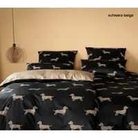 Elegante Mako-Satin Bettwäsche Dogs schwarz beige 155x220 cm + 40x80 cm