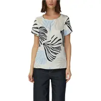 s.Oliver Kurzarmbluse BLACK LABEL, Damen, Gr. 34, bunt (ecru), Web, Obermaterial: 100% Polyester, geblümt, hüftbedeckend, Rundhals, Blusen Kurzarmbluse, mit grafischem Muster