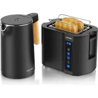 Arendo Frühstücks-Set Edelstahl, Wasserkocher mit Temperatureinstellung 1,5l, Toaster 2 Scheiben Kurzschlitz, Brötchenaufsatz, Touch, schwarz