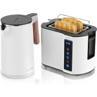 Arendo Frühstücks-Set Edelstahl, Wasserkocher mit Temperatureinstellung 1,5l, Toaster 2 Scheiben Kurzschlitz, Brötchenaufsatz, Touch, weiß