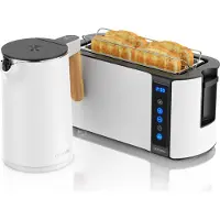Arendo Frühstücks-Set Edelstahl, Wasserkocher mit Temperatureinstellung 1,5l, 4 Scheiben Langschlitztoaster, 4 Scheiben Toaster, Brötchenaufsatz, Touch, weiß