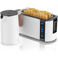 Arendo Frühstücks-Set Edelstahl, Wasserkocher mit Temperatureinstellung 1,5l, 4 Scheiben Langschlitztoaster, 4 Scheiben Toaster, Brötchenaufsatz, Touch, weiß