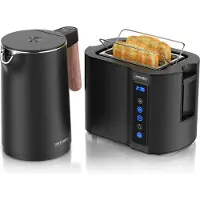 Arendo Frühstücks-Set Edelstahl, Wasserkocher mit Temperatureinstellung 1,5l, Toaster 2 Scheiben Kurzschlitz, Brötchenaufsatz, Touch, schwarz