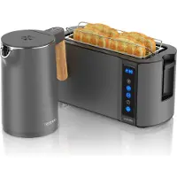 Arendo Frühstücks-Set Edelstahl, Wasserkocher mit Temperatureinstellung 1,5l, 4 Scheiben Langschlitztoaster, 4 Scheiben Toaster, Brötchenaufsatz, Touch, Cool Grey