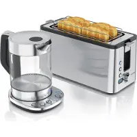 Arendo Frühstücks-Set Edelstahl, Wasserkocher Glas mit Temperatureinstellung 1,5l, 4 Scheiben Langschlitztoaster, 4 Scheiben Toaster, Brötchenaufsatz, silber