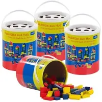 Playtastic 4er-Set Holzbausteine, Aufbewahrungseimer, 100 St., 4 Farben, 6 Formen