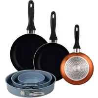Bergner - Set aus 3 Pfannen Ø16/20/24cm aus gepresstem Aluminium in metallic-bronze mit 3-teiliges Set runde Backformen Ø12/18/22 cm