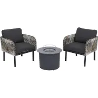 Mendler Poly-Rattan Garnitur MCW-P80, Lounge-Set Garten Stuhl, Tischkamin Bioethanol-Fire-Pit Alu Stoff 220g/m² dunkelgrau