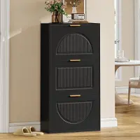OKWISH Schuhschrank aus MDF und Spanplatte in Schwarz, 60x24x114 cm, schmal, mit 3 Klappen und Kippsicherung