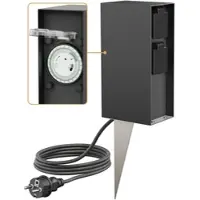 Ledscom.de Garten-Steckdosensäule POMI mit Erdspieß und 2m Kabel für außen, IP44, Timer/Zeitschaltuhr, 2-fach, anthrazit, eckig, 23cm
