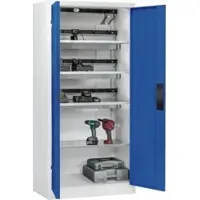 C+P Akkuladeschrank Acurado, abschließbar, mit Lüftung + Inneneinrichtung, B 930 x T 500 x H 1950 mm, Stahl, enzianblau RAL 5010/lichtgrau RAL 7035