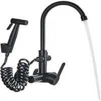 KLARWERK Julie | Gastronomie Armatur Wandmontage Schwarz | Edelstahl Profi Küchenarmatur mit Handbrause | Mischer Wasserhahn 2 Brausen hoher Auslauf